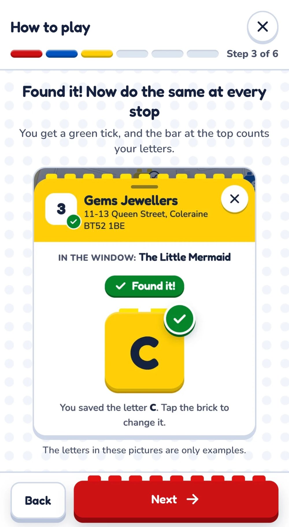 How to play step 3 of 6 in the trail app, showing a found letter with a green tick
