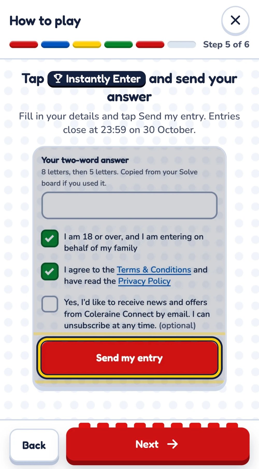 How to play step 5 of 6 in the trail app, showing the competition entry form with a Send my entry button